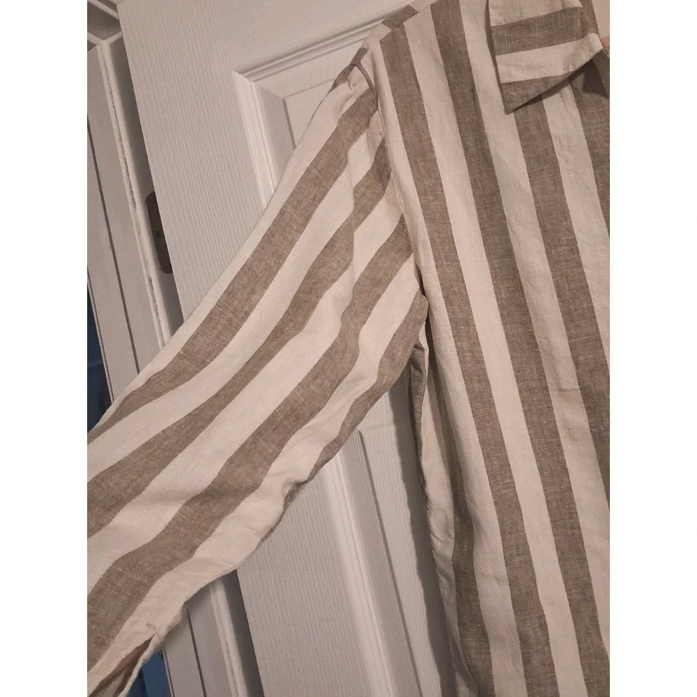 Vntg 90s Linen Blend Striped Button Shirt Tunic Granola Coastal Minimalist